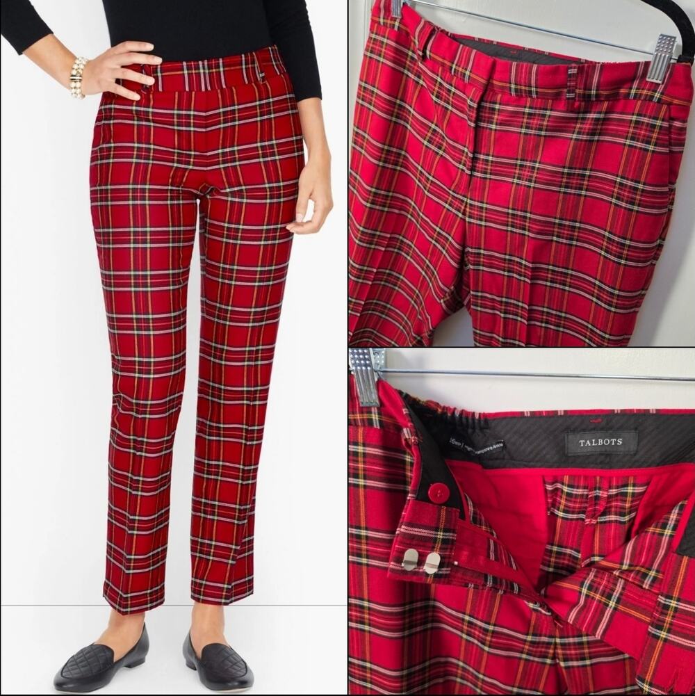 Talbots Hampshire Ankle Pants Size 16 P Black Red Holiday Plaid Wool Blend